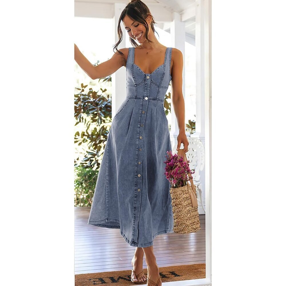 Stretchy Smocked Denim Dress Women Sleeveless Button Down Midi Casual - Picture 4 of 7
